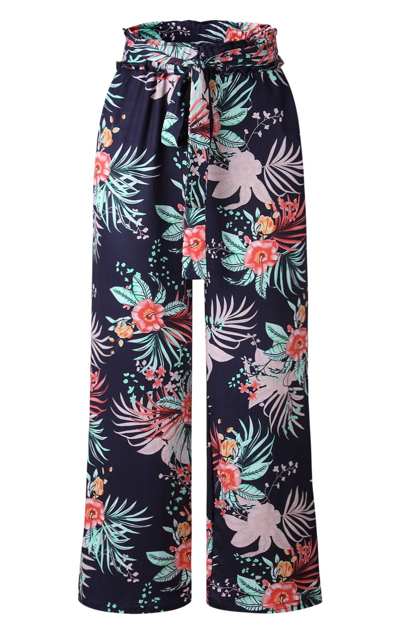 ECOWISH Wide Leg Pants for Women Summer 2024 Palazzo Tropical Floral Belted Casual Lightweight High Waist Flared Trousers with Pockets Navy Blue Large - Image 4